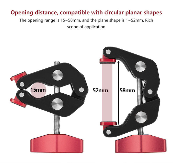 Diagram showing Super Clamp's opening range of 15–58mm for circular objects and up to 52mm for flat surfaces, with two clamp positions illustrated.