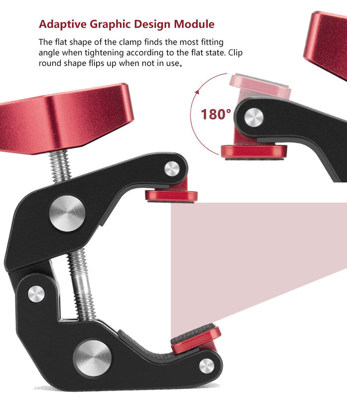 Super Clamp showing 180° rotating jaw with adaptive flat and round grip design for versatile mounting on various surfaces.