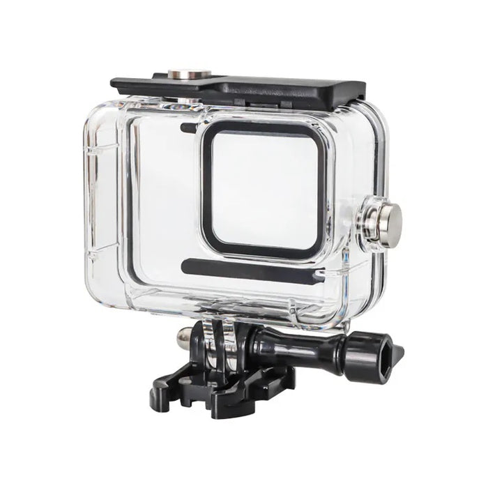 Clear waterproof action camera housing with black latch and mounting base, shown from a side angle.