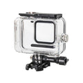 Clear waterproof action camera housing with black latch and mounting base, shown from a side angle.