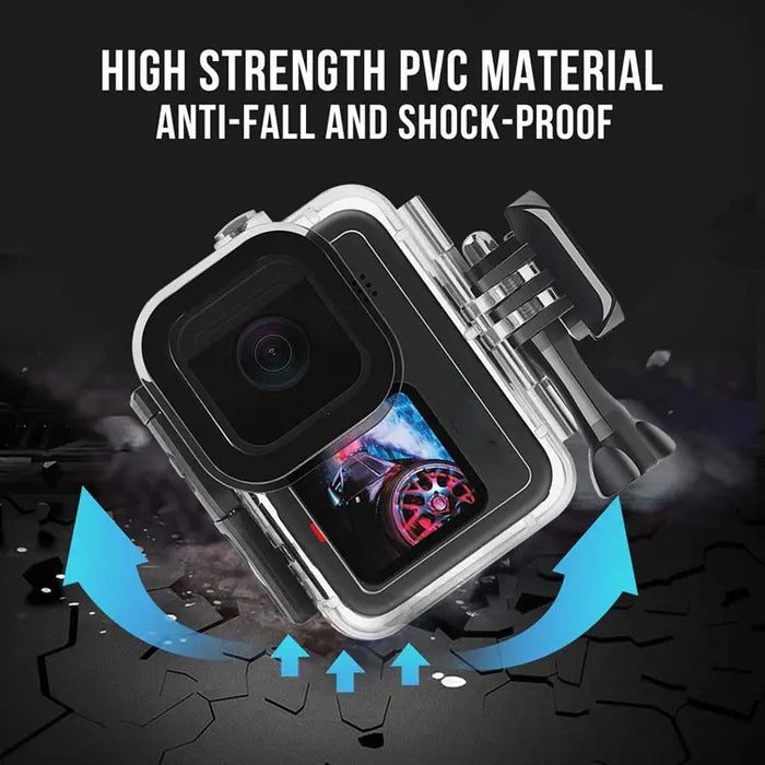 Action camera in shock-proof, anti-fall PVC case with arrows showing impact resistance over cracked ground.