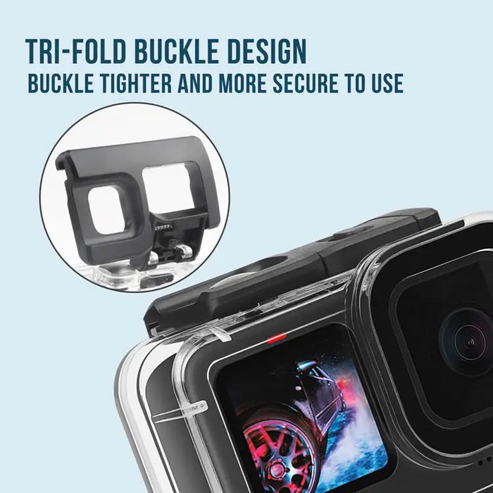 Close-up of waterproof case with tri-fold buckle design for secure locking, shown with inset of latch detail.