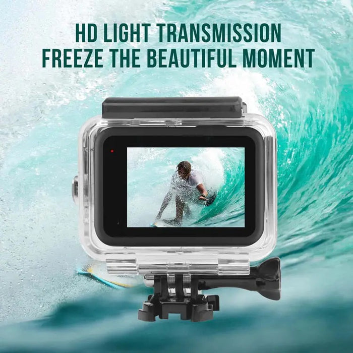 Waterproof action camera case showing surfer mid-wave with text “HD Light Transmission. Freeze the Beautiful Moment.”