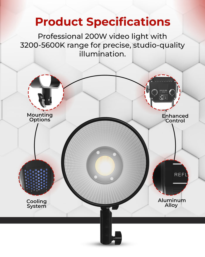 REFLEX CAMERA Y200S 200W Dimmable Bi-Color Bowens LED COB Light - 3200K-5600K, Professional Studio Lighting, Adjustable Brightness, Durable, Continuous Lighting for Video Production & Photography