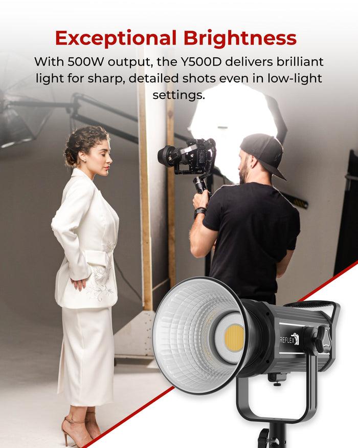 REFLEX CAMERA Y500D 500W Dimmable LED COB Video Light - High Brightness, App Controlled, Portable, Professional-Grade, Adjustable Lighting, Ideal for Video Production, Live Streaming, Photography