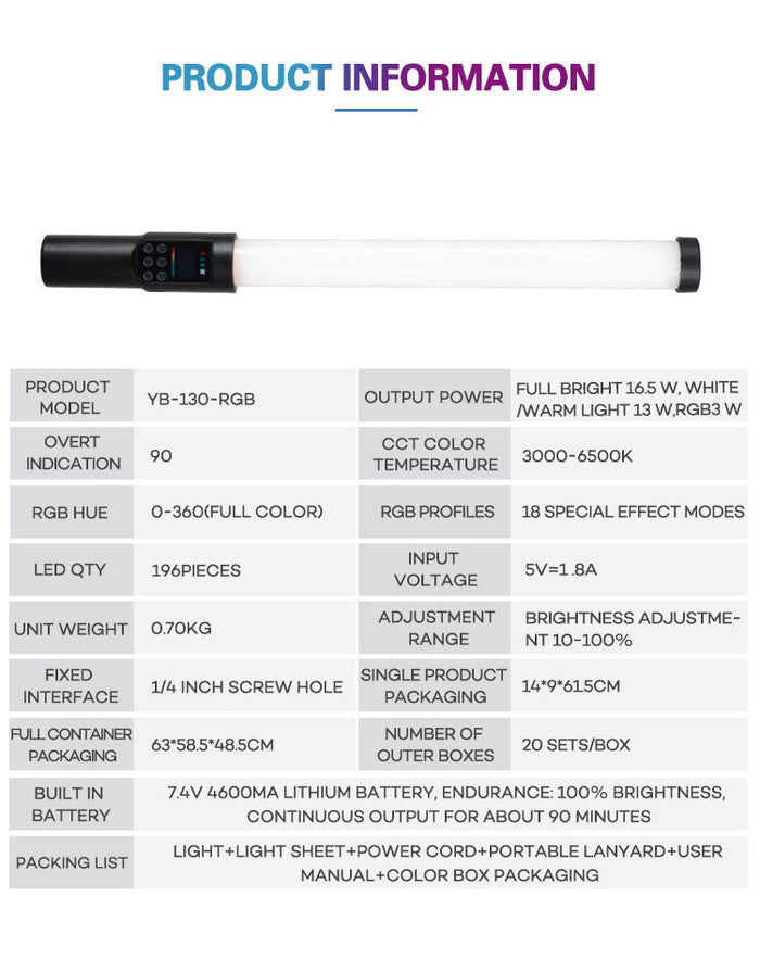 REFLEX CAMERA YB130RGB RGB LED Light Stick – Handheld Portable Wand with 3000K-6500K Color Temp, RGB Effects, Rechargeable Battery – Photography, Video, Streaming, Studio Lighting Tool