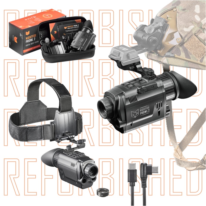 Prowl 2 night vision monocular with headband on a background with repeating text showing 'refurbished'