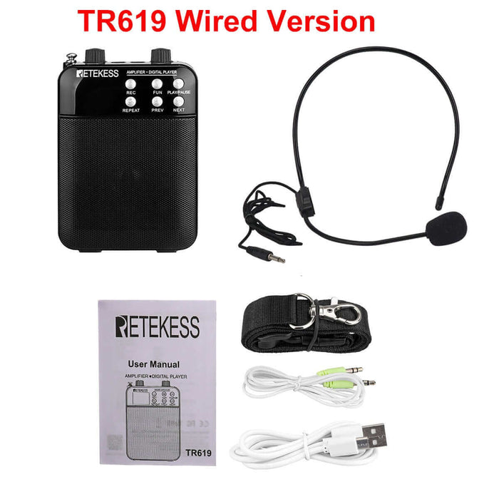 Retekess TR619 Megaphone Portable 3W FM Recording Voice Amplifier Teacher Microphone Speaker With Mp3 Player FM Radio Recorder - China - Wired version