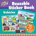 Teal Galt sticker book cover for Vehicles with 150 stickers and scenes featuring a bus, train, and plane.