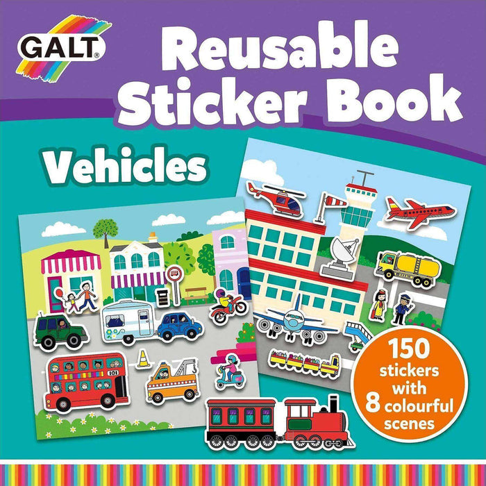 Teal Galt sticker book cover for Vehicles with 150 stickers and scenes featuring a bus, train, and plane.