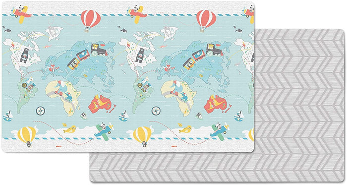 Reversible playmat with a light blue cartoon world map and a grey and white herringbone pattern on the reverse.