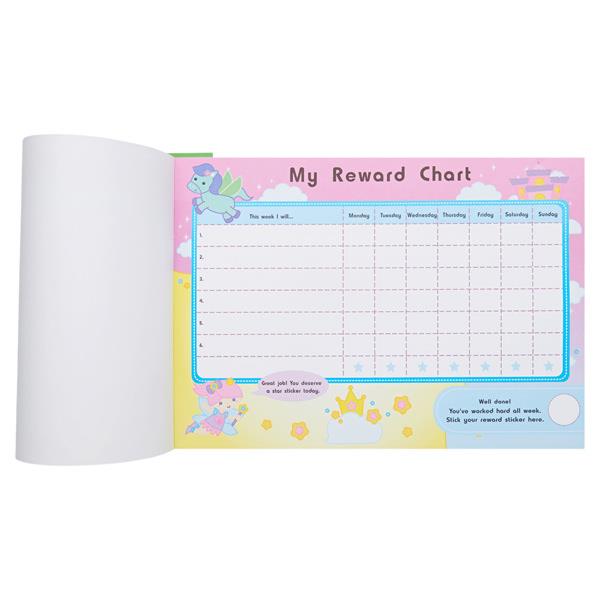 Pastel pink and blue weekly reward chart pad featuring a task grid decorated with a fairy and flying pegasus.