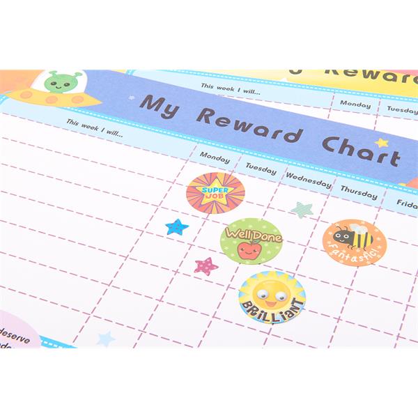 Close-up of a blue weekly reward chart with a grid and colorful stickers saying Well Done, Super Job, and Brilliant.
