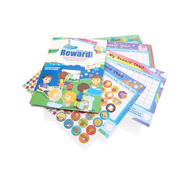 Colorful reward chart pad and sticker sheets featuring cartoon kids, star stickers, and goal tracking grids.