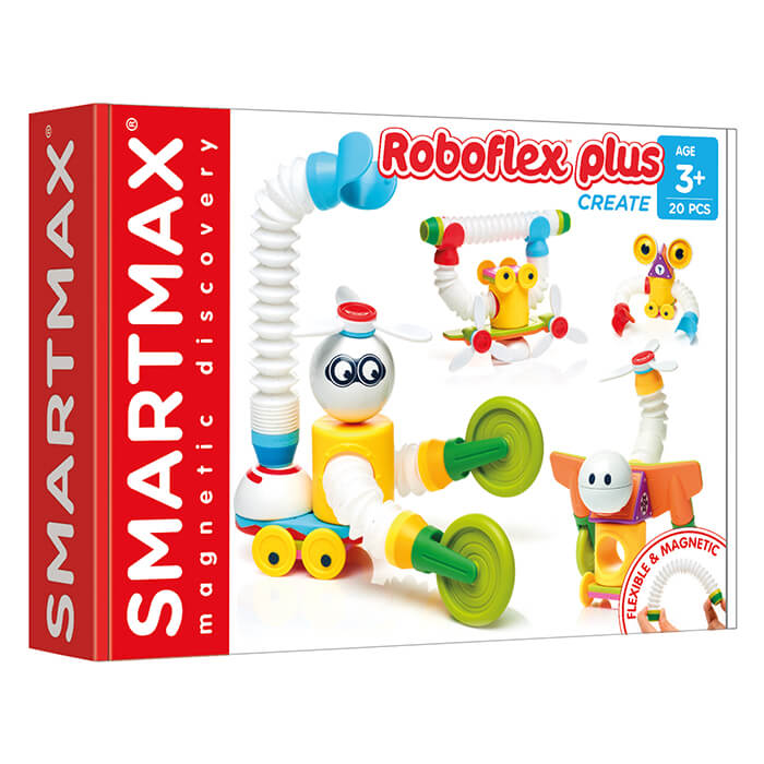 SmartMax Roboflex Plus box featuring colorful magnetic robots with flexible tubes, wheels, and spheres.