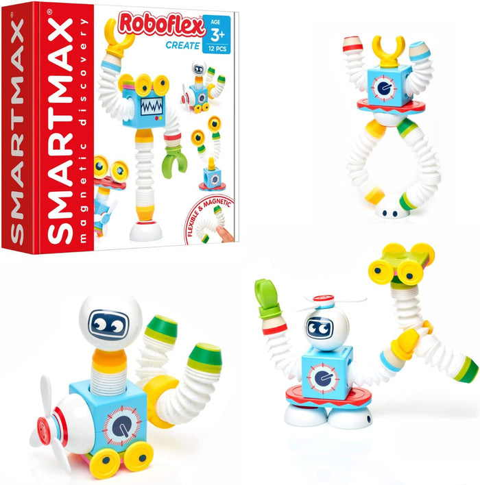 SmartMax Roboflex box and three robots built from magnetic blue cubes, flexible white tubes, wheels, and propellers.