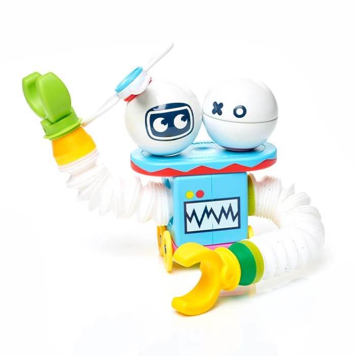 Colorful toy robot with flexible white tube arms, yellow pincers, and two round heads on a blue wheeled base.