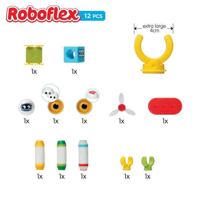 Infographic showing 12 colorful robot toy parts: eyes, flexible tubes, clips, and wheels on a white background.