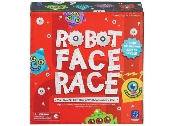 Square red game box with white Robot Face Race text, silver gear details, and multiple colorful cartoon robot heads.