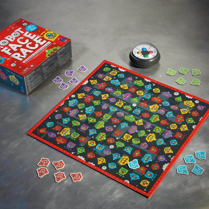Robot Face Race game with red box, colorful robot face board, matching tokens, and a clear dome randomizer.