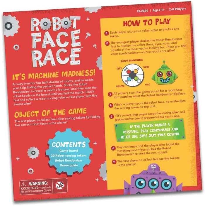 Colorful Robot Face Race game instruction sheet with robot graphics, a randomizer dial, and numbered rules.