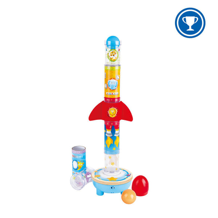 Colorful toy rocket with stacked animal-themed tubes, red fins, blue base, and two balls.