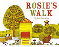Book cover of Rosie's Walk featuring a stylized red hen walking past a yellow beehive with a fox in the background.