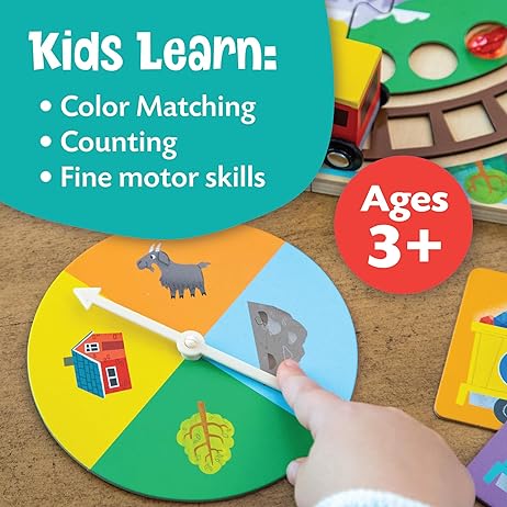 A game spinner, board, and cards with text highlighting color matching, counting, and fine motor skills for ages 3+.