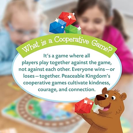 Graphic explaining cooperative games featuring a cartoon bear holding a red gem and children playing in the background.