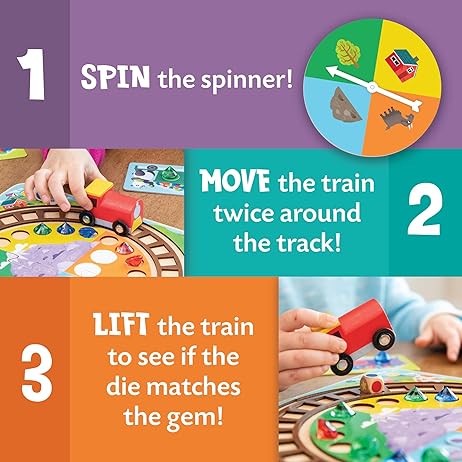 Steps to play: spin the spinner, move the red train on the circular track, and lift it to match a die to a gem.