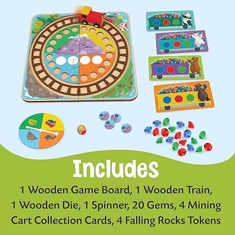 Colorful wooden board game set with a red train, circular track, gems, cards, and spinner on a blue background.