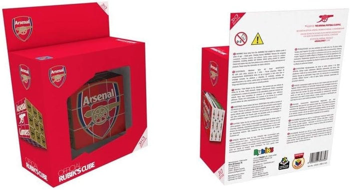 Front and back of red packaging for a 3x3 puzzle cube with a large Arsenal FC crest printed across its faces.