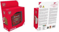 Front and back of red packaging for a 3x3 puzzle cube with a large Arsenal FC crest printed across its faces.