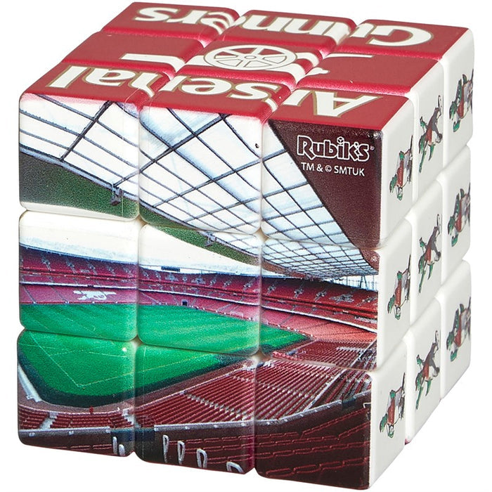 3x3 Rubik's Cube with Emirates Stadium photo, red Arsenal logo top, and white side with repeating mascots.