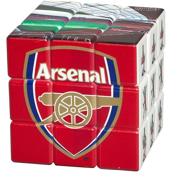 3x3 Rubik's Cube featuring the Arsenal crest on red, a green stadium on top, and mascot icons on white side panels.