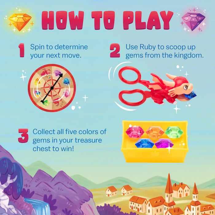 How to play graphic with a colorful spinner, red dragon scoop tool, and five gems inside a yellow treasure chest.