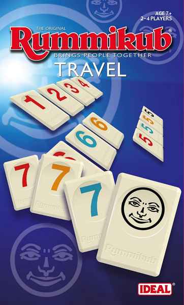 White number tiles and a joker face tile scattered over a dark blue background with red and white Rummikub branding.