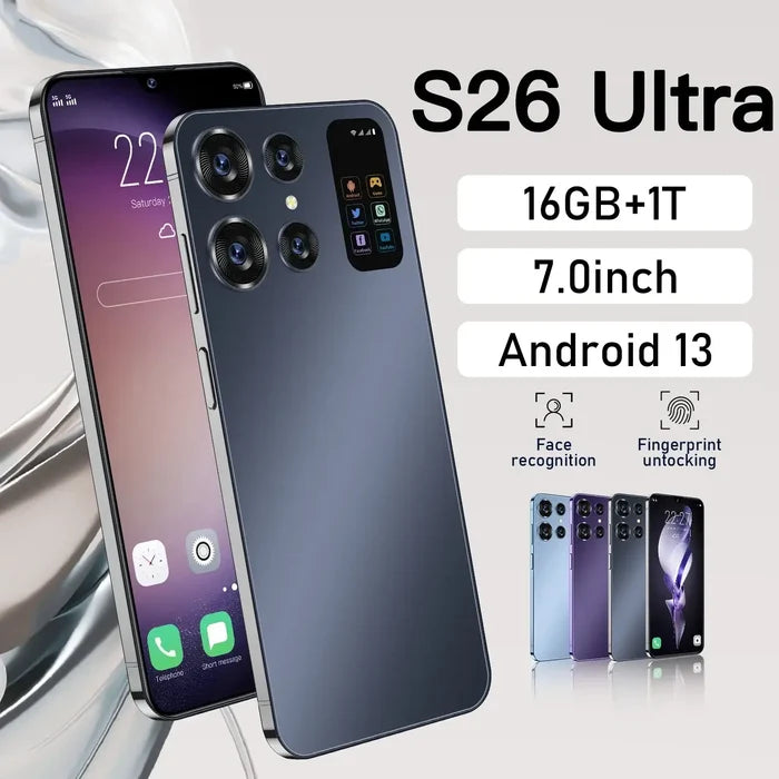 S26 Ultra Smartphone Global Version 16G+1TB with Android 13, 7-inch display, and face recognition features showcased.