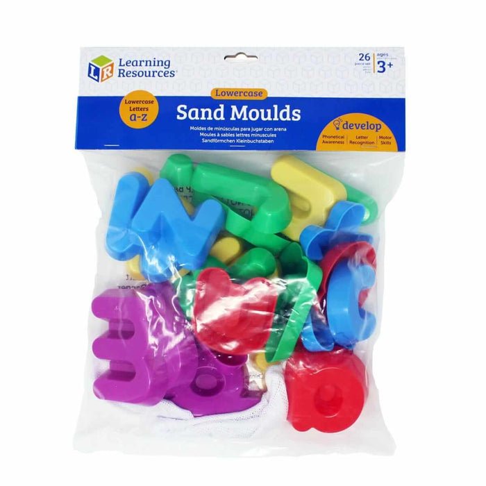 Packaged set of 26 colorful lowercase plastic alphabet sand molds in bright blue, green, yellow, red, and purple.