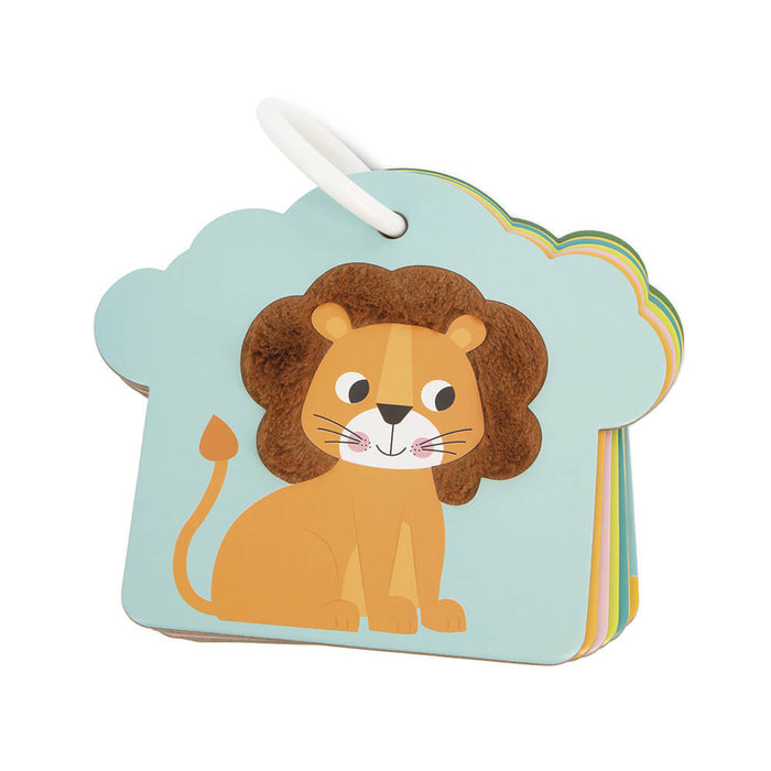 Cloud-shaped animal cards on a ring featuring a lion with a fuzzy mane and layered colorful pages.