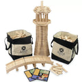 Tall natural wood tower and bridge shown with two canvas storage bags, loose building planks, and a guidebook.