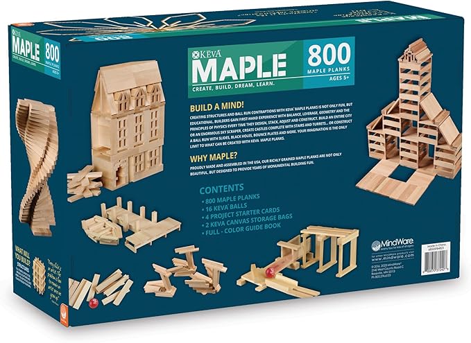 Teal box for 800 maple planks showing structures like a tall tower, house, and ball run with red balls.
