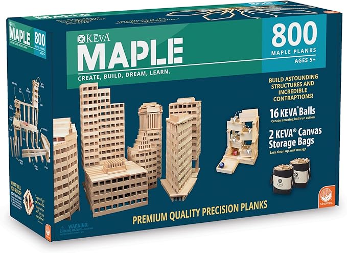 Teal box for 800 KEVA Maple wood planks showing skyscraper models, a marble run, and two canvas storage bags.
