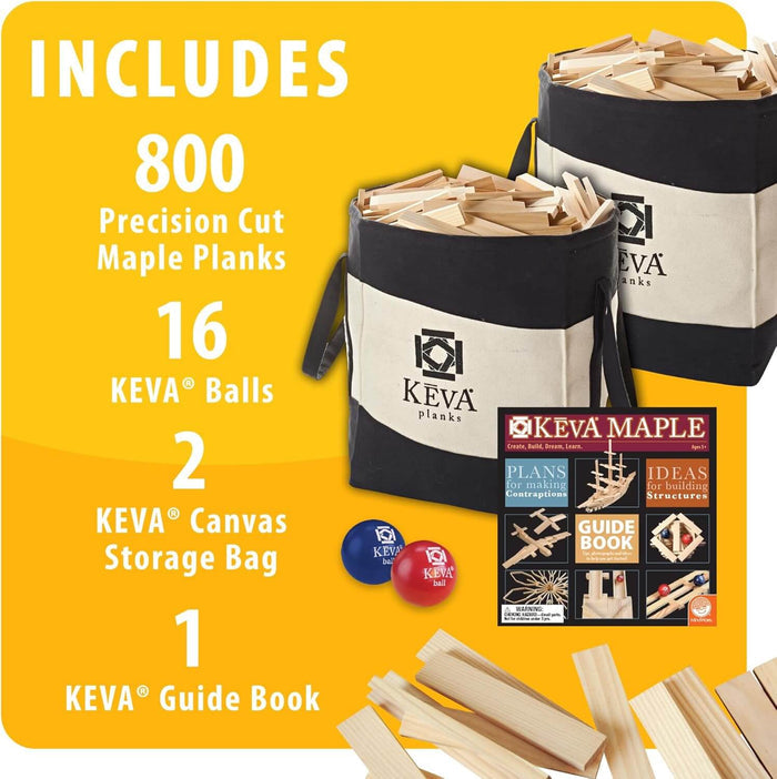 800 light wood planks in 2 canvas bags, 16 red and blue balls, and a guidebook on an orange background.