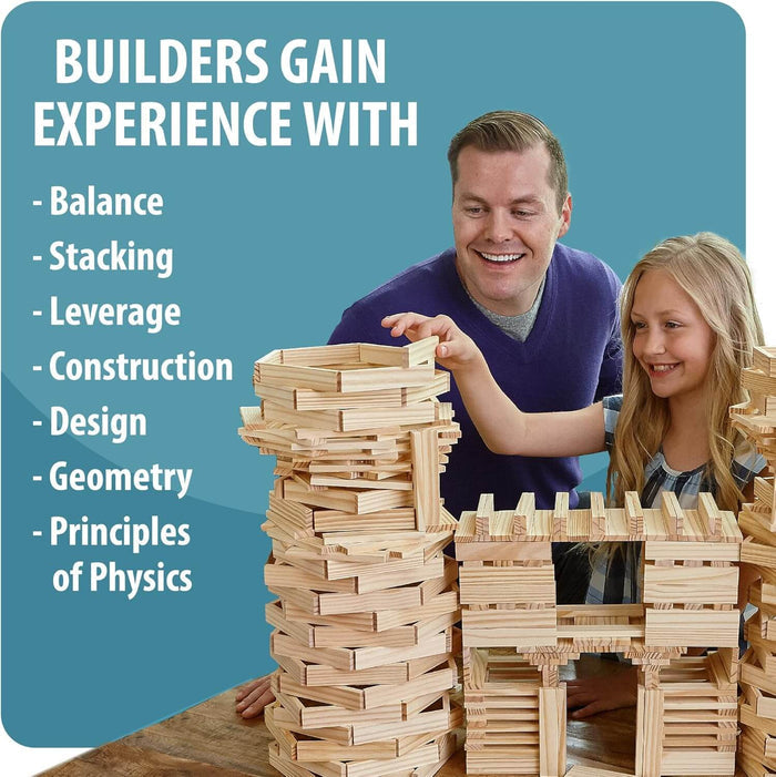 Man and girl building a tower and castle with light wood planks. Text lists skills like physics and geometry.