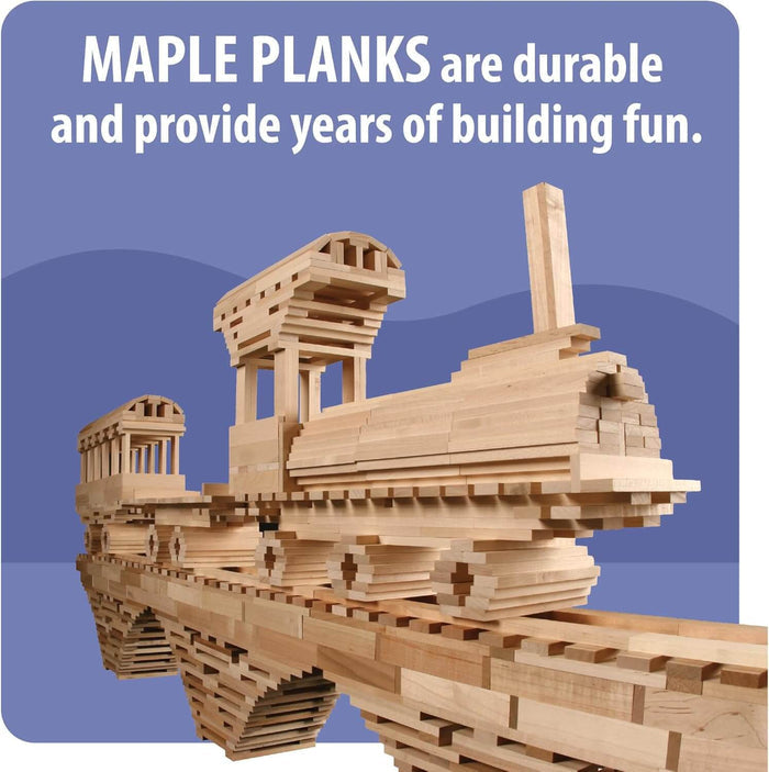 Intricate steam engine and bridge model crafted from light wood maple planks against a purple and blue background.