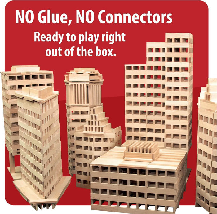 Skyscraper models built from light wood planks on a red background. Text: NO Glue, NO Connectors.