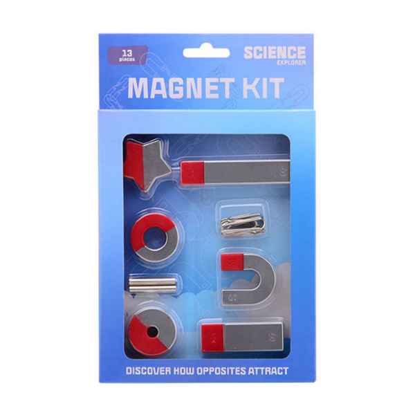 Blue Science Explorer Magnet Kit featuring red and silver star, bar, ring, and horseshoe magnets with paperclips.