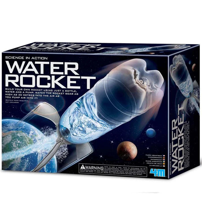 Box for 4M Water Rocket kit featuring a plastic bottle rocket launching over Earth with planetary backgrounds.