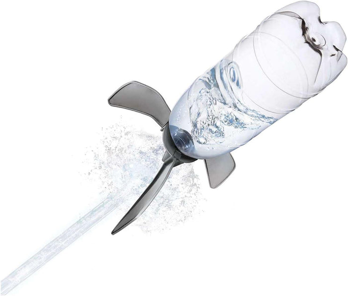 Clear plastic bottle with grey aerodynamic fins shooting a jet of water and spray from the nozzle.